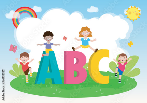 cartoon children with ABC letters, School kids with ABC, child with ABC letters poster isolated on background Vector Illustration
