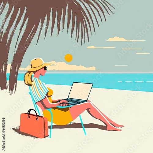 Young woman using laptop computer, AI art