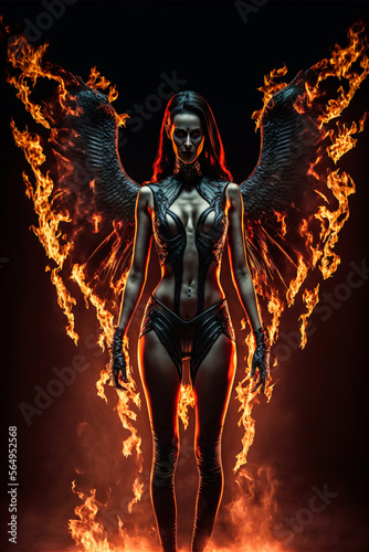 Demonic sexy female devil or vampire with flames and fire. Designed using generative ai.  © XtravaganT