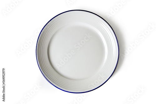 Top view empty blank ceramic round white plate isolated on white background with clipping path.