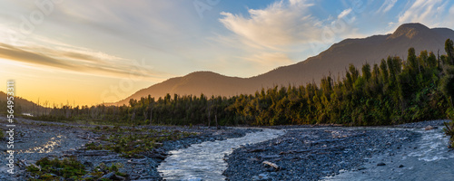 Panoramic View Of A River In Chilean Patagonia At Sunset  