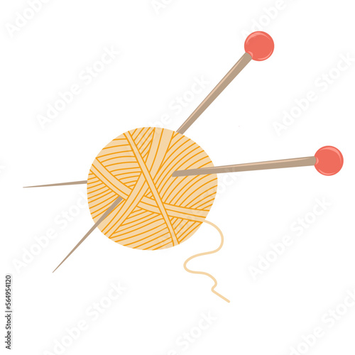 Skein of wool yarn with needles.  Female hobby. Hand drawn vector illustration of knitting supplies, hobby items, leisure time concept