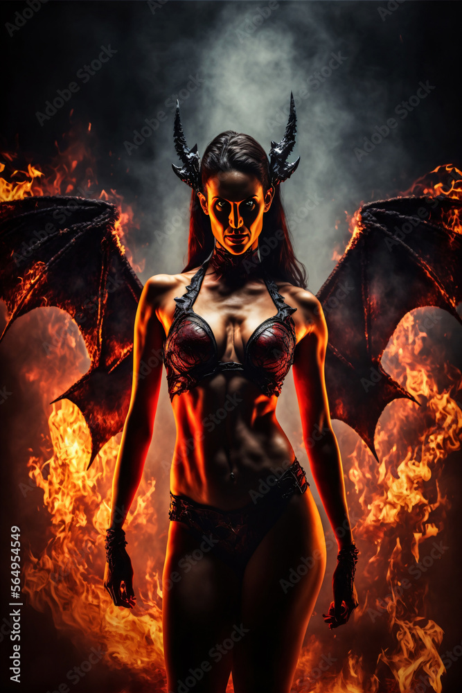 Sensual seductive sexy female devil with flames and fire in hell. Designed using generative ai. Sensual seductive sexy female devil with flames and fire in hell. Designed using generative ai.