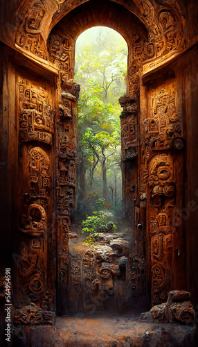 carved mayan door magical atmosphere forest Generative AI Content by Midjourney