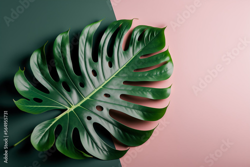Illustration with monstera leaves on a pink background with space for text, generative ai