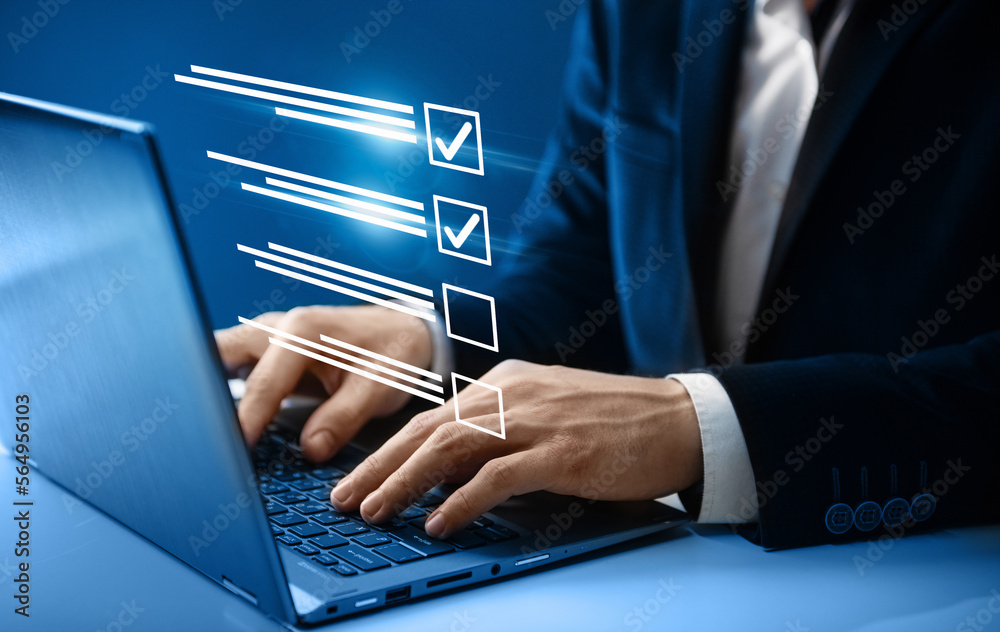 Business productivity checklist and filling survey form online concept ...