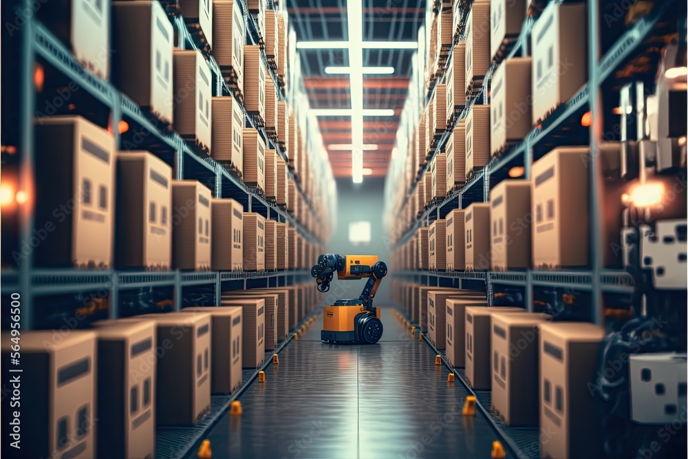 Robot or cybrog working in warehouse. Future Innovation. Generative AI