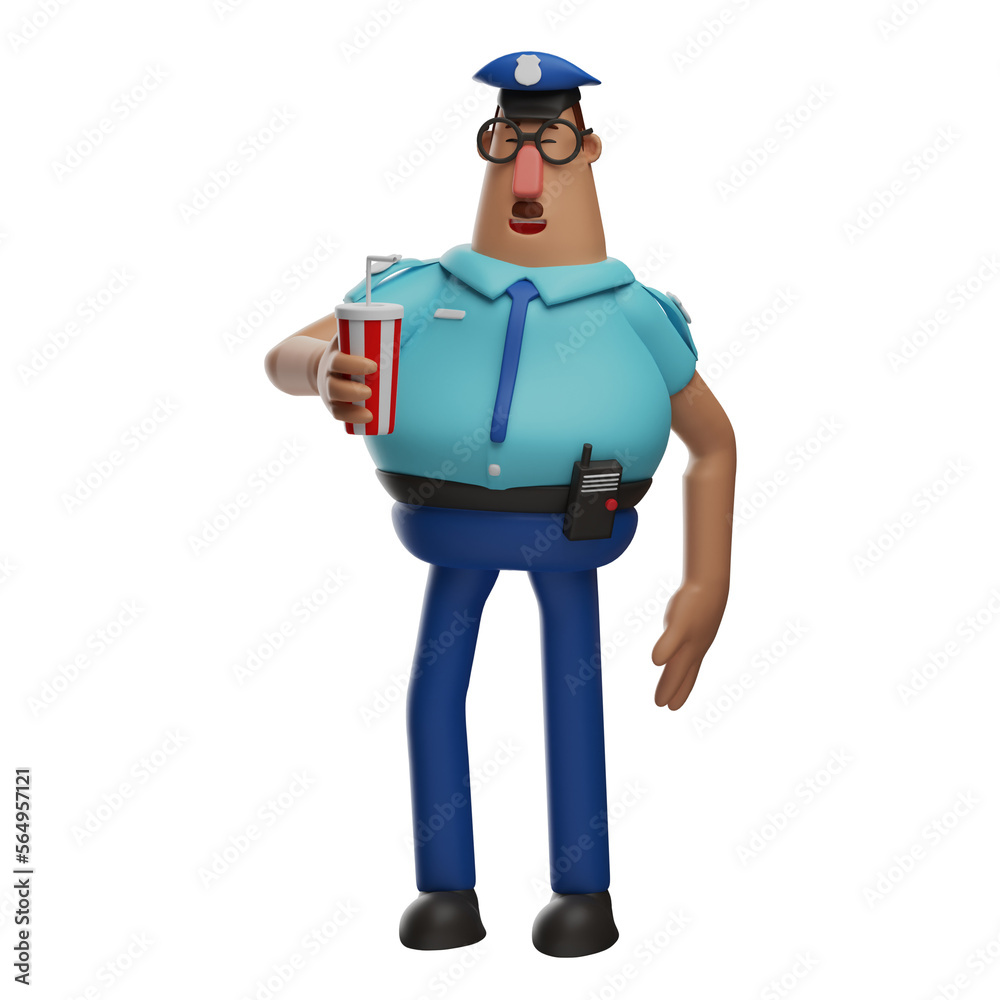   3D illustration. 3D Police Officer Cartoon Character with a glass of cola. in an upright standing pose. have handy-talkie in your pocket. 3D Cartoon Character