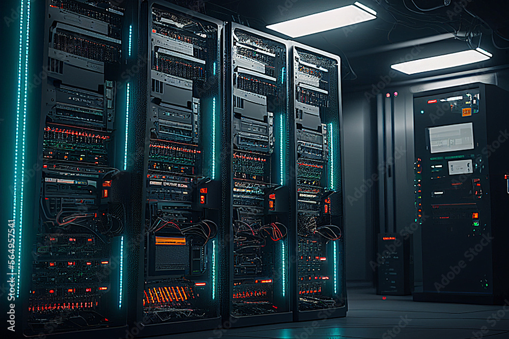 A data center with servers and network equipment A data center with servers and network equipment