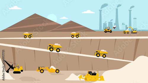 quarry landscape flat elements with mining vehicles. Pit sand and excavator with heavy machinery.