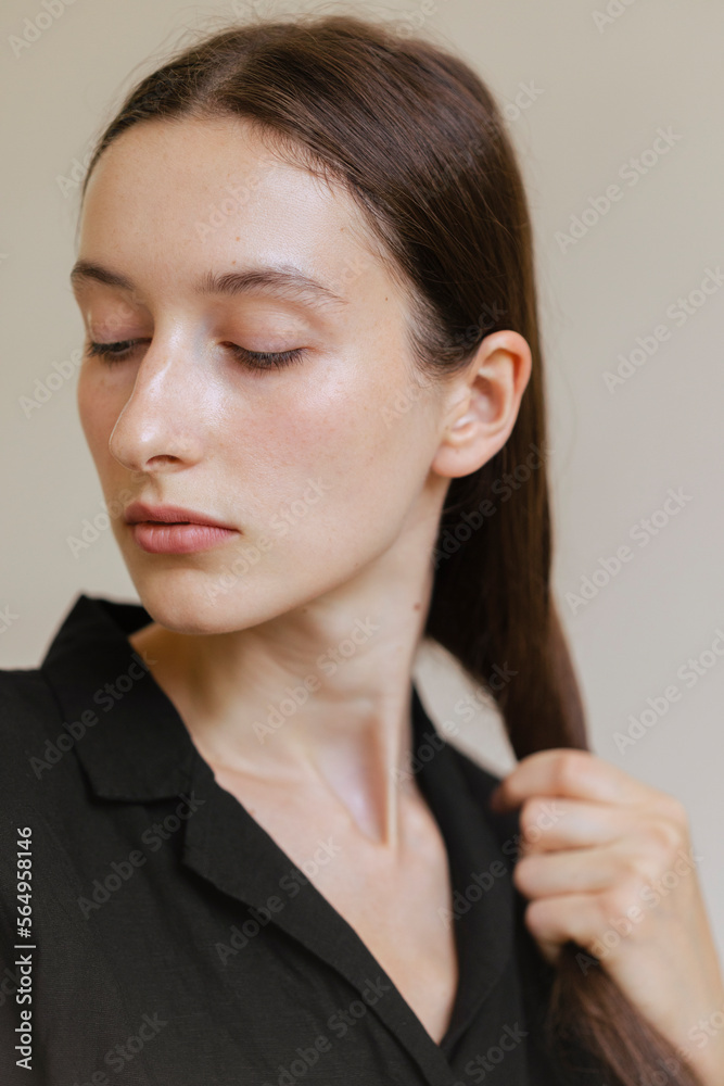 Portrait Of A Brunette Woman In Black Shirt Portrait Of A Brunette Woman In Black Shirt