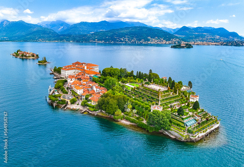 Aerial view of Isola Bella, in Isole Borromee archipelago in Lake Maggiore, Italy photo