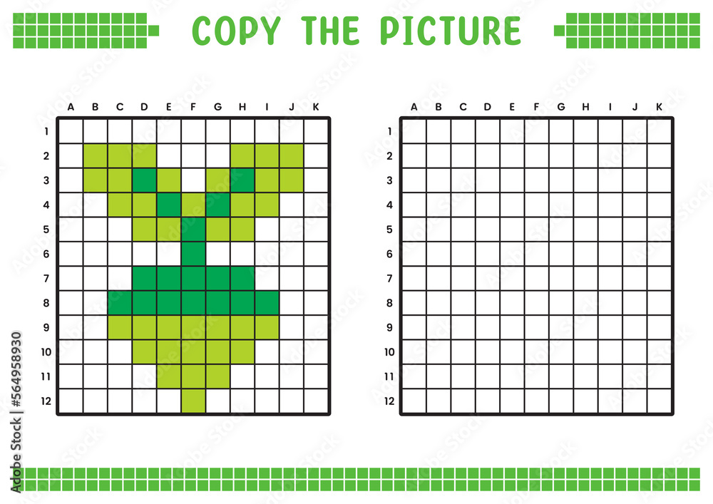 Fototapeta premium Copy the picture, complete the grid image. Educational worksheets drawing with squares, coloring cell areas. Children's preschool activities. Cartoon vector, pixel art. Radish illustration.