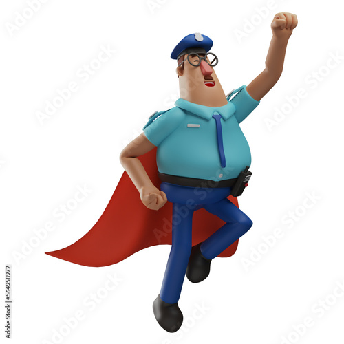    3D illustration. Image of Heroic 3D Police Officer character in flying pose. wearing a red robe. showing a funny face. 3D Cartoon Character