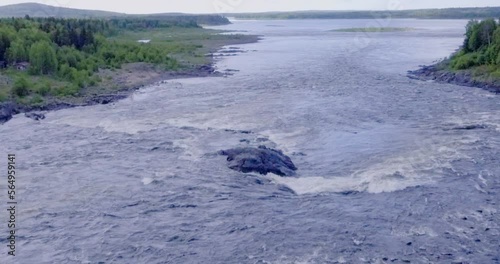 Aerial view of  Matkakoski rapids on the river of Tornionjoki in summer, Vonkavaara, Lapland, Finland. photo