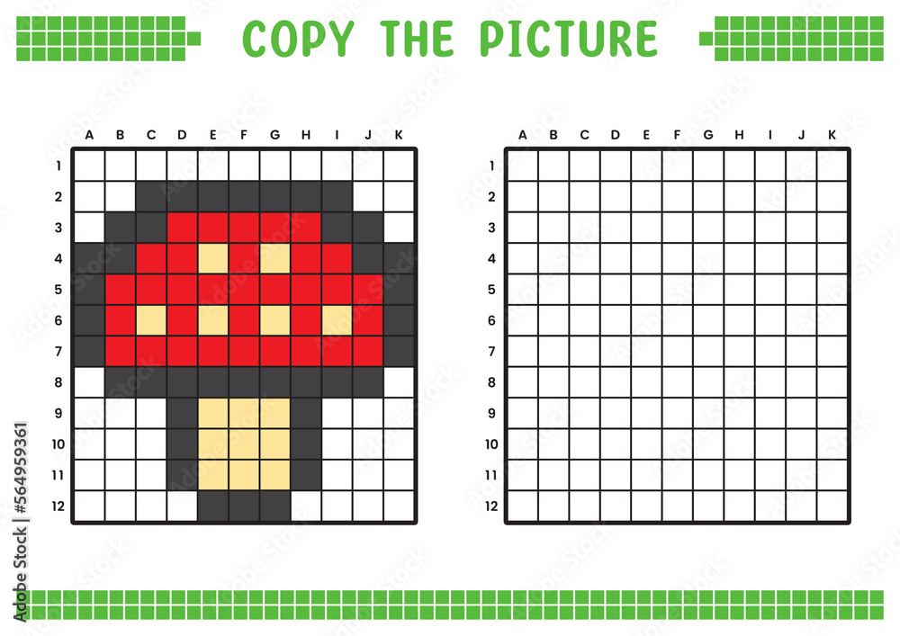 Fototapeta premium Copy the picture, complete the grid image. Educational worksheets drawing with squares, coloring cell areas. Children's preschool activities. Cartoon vector, pixel art. Mushroom illustration.