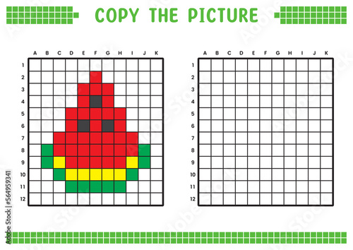 Copy the picture, complete the grid image. Educational worksheets drawing with squares, coloring areas. Children's preschool activities. Cartoon vector, pixel art. Cut red watermelon illustration.