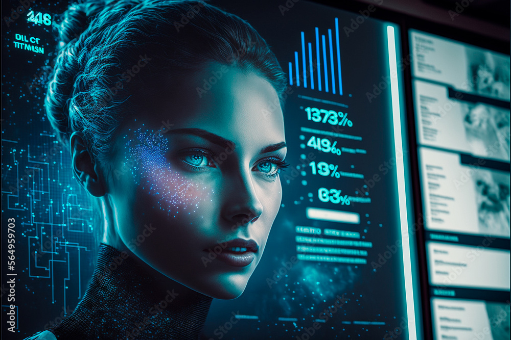 digital dashboard in 2023 against blue hologram. Artificial ...