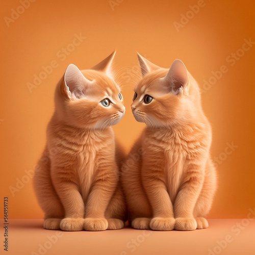 Two orange cats sitting looking at each other, on an orange background and made with generative AI photo