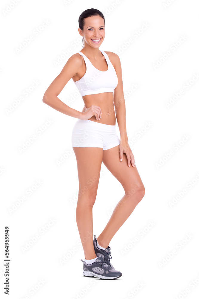 Portrait of a fit young woman in exercise gear posing with her hand on her hip isolated on a PNG background. Portrait of a fit young woman in exercise gear posing with her hand on her hip isolated on a PNG background.