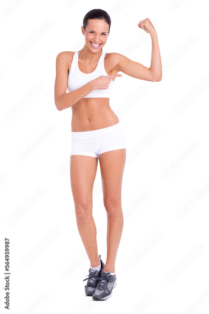 An attractive young woman flexing her left biceps isolated on a PNG background. An attractive young woman flexing her left biceps isolated on a PNG background.