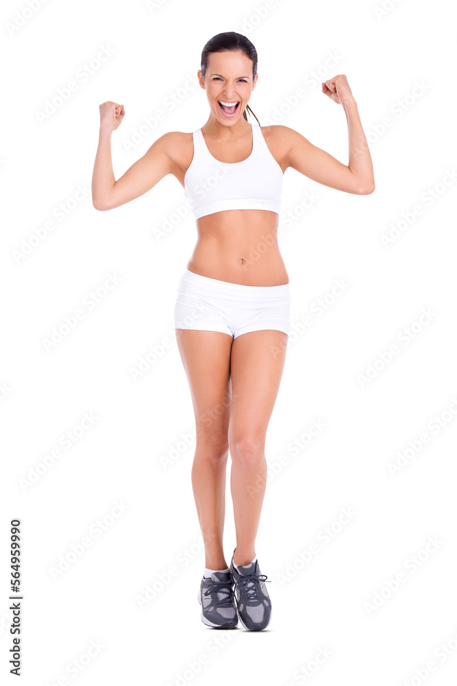 An attractive young woman flexing her biceps isolated on a PNG background. An attractive young woman flexing her biceps isolated on a PNG background.