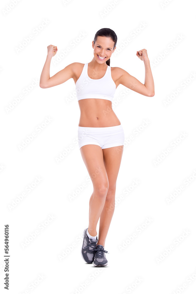 An attractive fit young woman flexing her biceps isolated on a PNG background. An attractive fit young woman flexing her biceps isolated on a PNG background.
