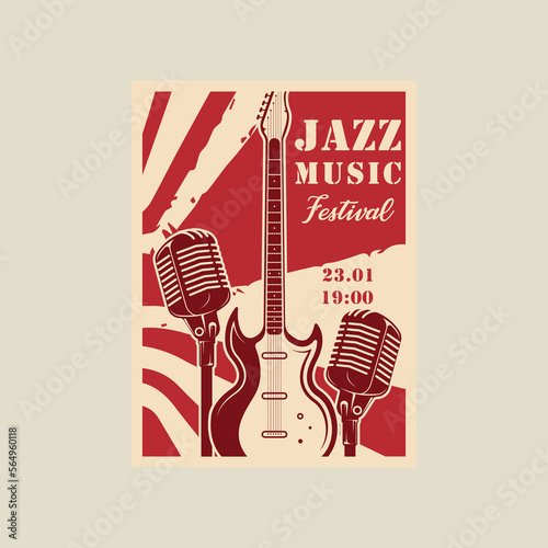 microphone and electric guitar vector poster vintage minimalist illustration template graphic design. jazz festival banner invitation or inscription live music and place for text in retro style