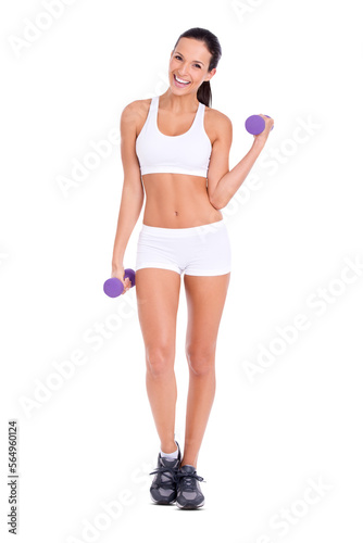 An attractive young woman lifting a left dumbbell isolated on a PNG background.