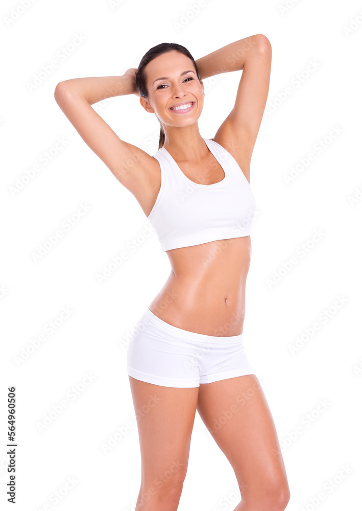 Portrait of a fit young woman in exercise gear raising her both hands isolated on a PNG background.
