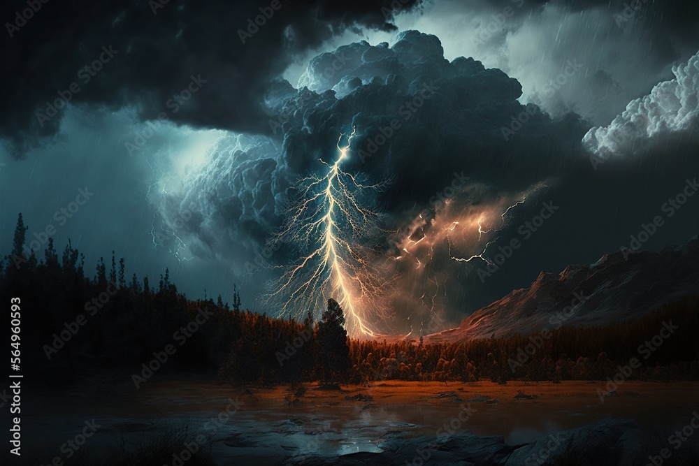 Heavy thunderstorms with big winds and striking lightning on the night generative ai