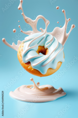 Donut beignet coloré en mouvement. Photographie culinaire de dessert en studio. Generative AI. photo