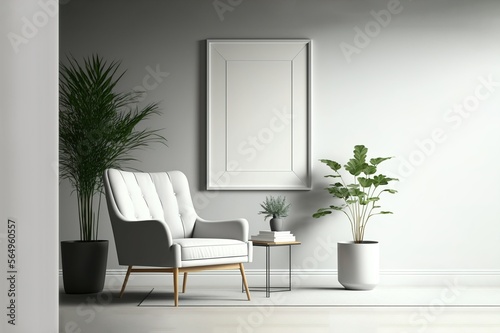 Modern interior design of a living room, Stylish scandinavian living room with design furniture, plants, bamboo bookstand and wooden desk. Brown wooden parquet