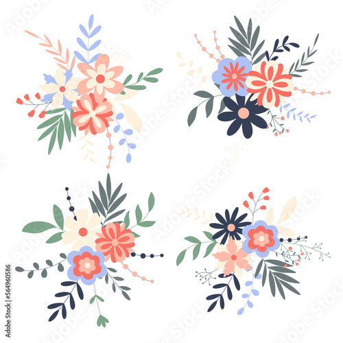 Spring flower bouquets set. Wildflowers and herbs clipart. Flower decoration for cards, invitations, congratulations. Botanical natural decor. Hand drawn flowers and foliage, flat vector illustration
