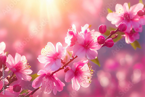 Close-up of pink flowers illuminated by light pink flowers in spring