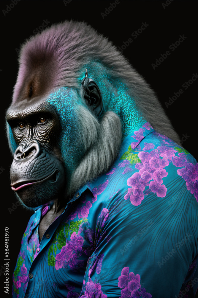 front facing studio photograph of a beautiful majestic Gorilla monkey wearing a vaporwave 
