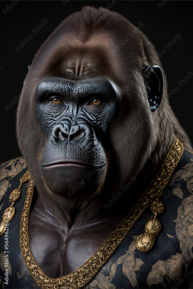 front facing studio photograph of a beautiful majestic Gorilla monkey wearing a gold chains front facing studio photograph of a beautiful majestic Gorilla monkey wearing a gold chains