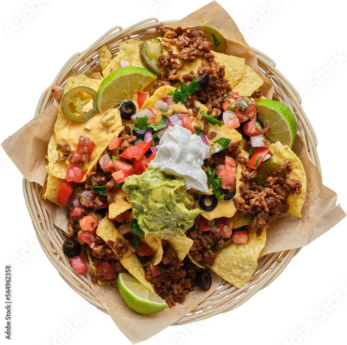 tex-mex mexican nachos supreme in basket shot with top down view and isolated