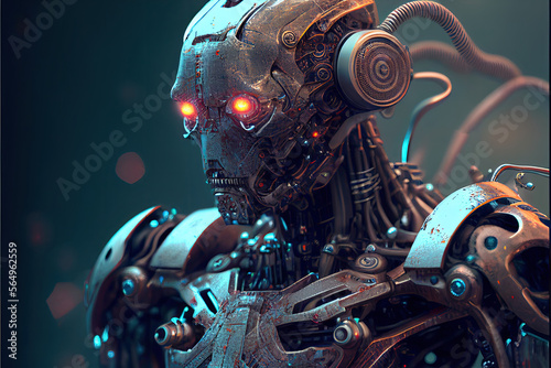 Scary robot cyborg on a dark background, portrait. Generative AI.