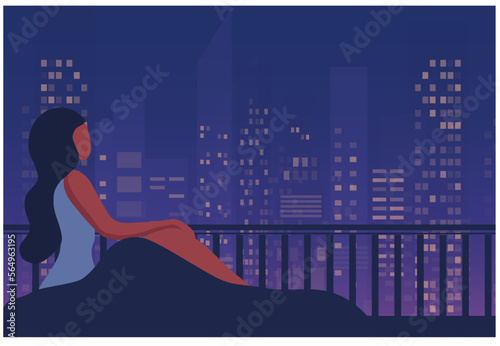 Insomnia woman sitting on bed at night vector illustration. Sleepless woman suffering from insomnia and depression concept
