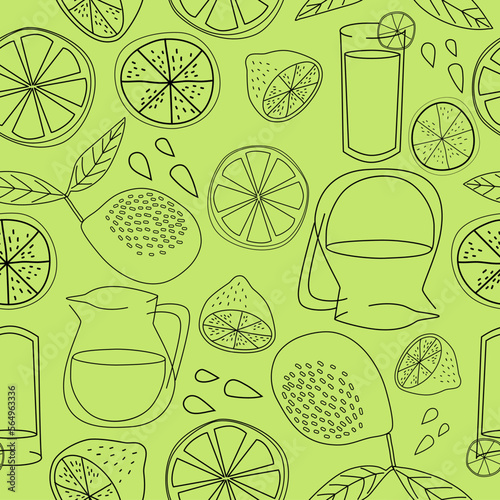 Black Outline Citrus. Lemonade jug and glass. Citrus Fruit, Lemon, Lime, Lemon slice, Lemon half. Vector repeat pattern