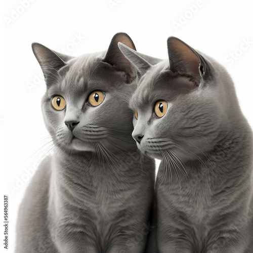 Two gray cats sitting together and looking in the same direction on a white background and made with generative Ai photo