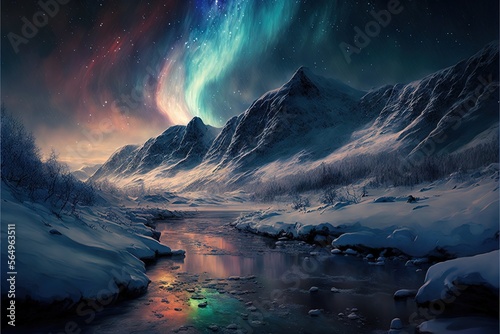  a painting of a mountain landscape with a stream and a aurora bore in the sky above it and a stream running through it, with ice and snow on the ground.  generative ai © Anna