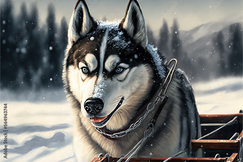 Siberian husky pulling a sled in the snow illustrations, ai art Stock ...