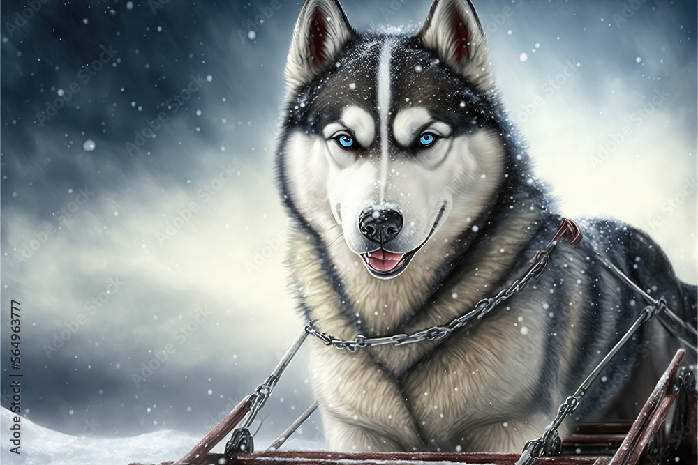 Siberian husky pulling a sled in the snow illustrations, ai art Stock ...