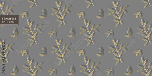 Luxury vector seamless pattern on a gray background with golden branches with leaves for covers, wallpapers, textiles, printing, wrapping paper