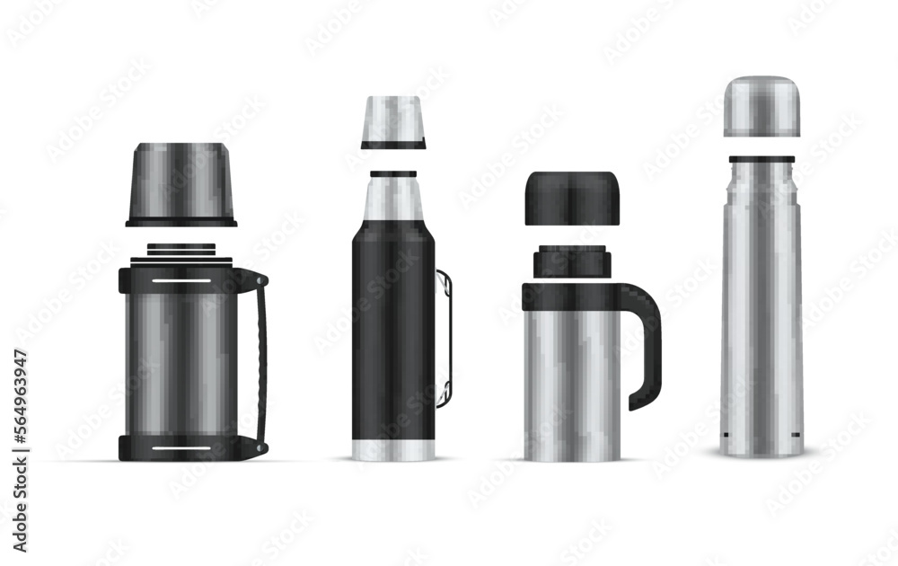 Thermos metallic silver container for liquid beverage hot temperature storage set realistic vector Thermos metallic silver container for liquid beverage hot temperature storage set realistic vector