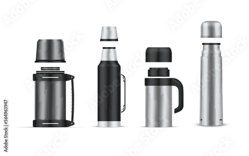 Thermos metallic silver container for liquid beverage hot temperature storage set realistic vector