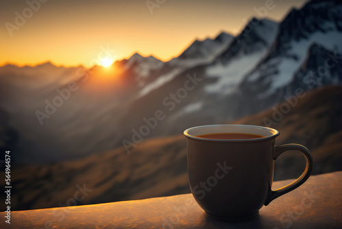 Cup of hot coffee or tea on background of picturesque mountain view. Based on Generative AI