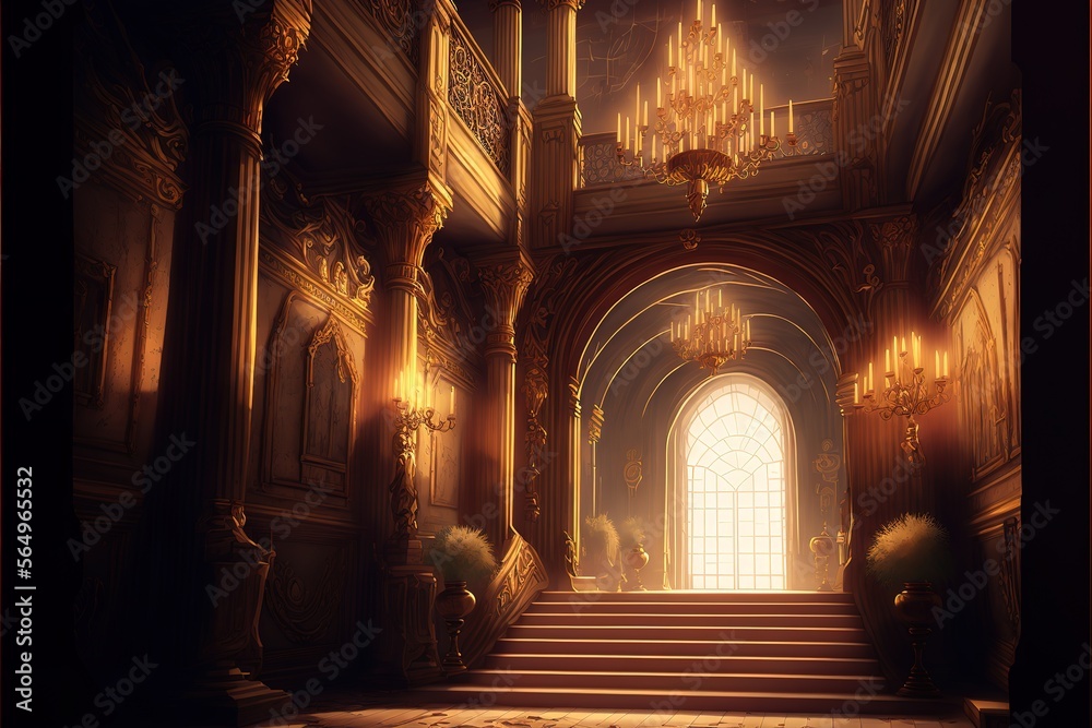 A realistic fantasy interior of the palace. golden palace. castle ...